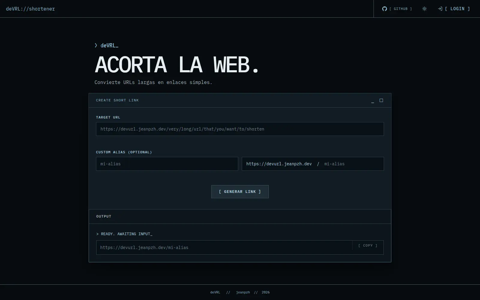 Interfaz del acortador de URLs deVRL